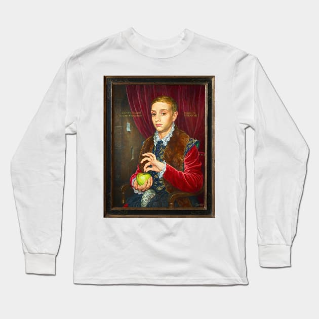 Boy With Apple Painting with painted frame Long Sleeve T-Shirt by DesignDLW